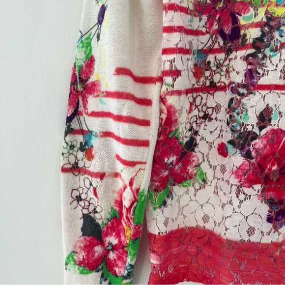 Floral Lace-Back Button Front Cardigan Sweater - White & Red Linen Blend - Picture 7 of 15